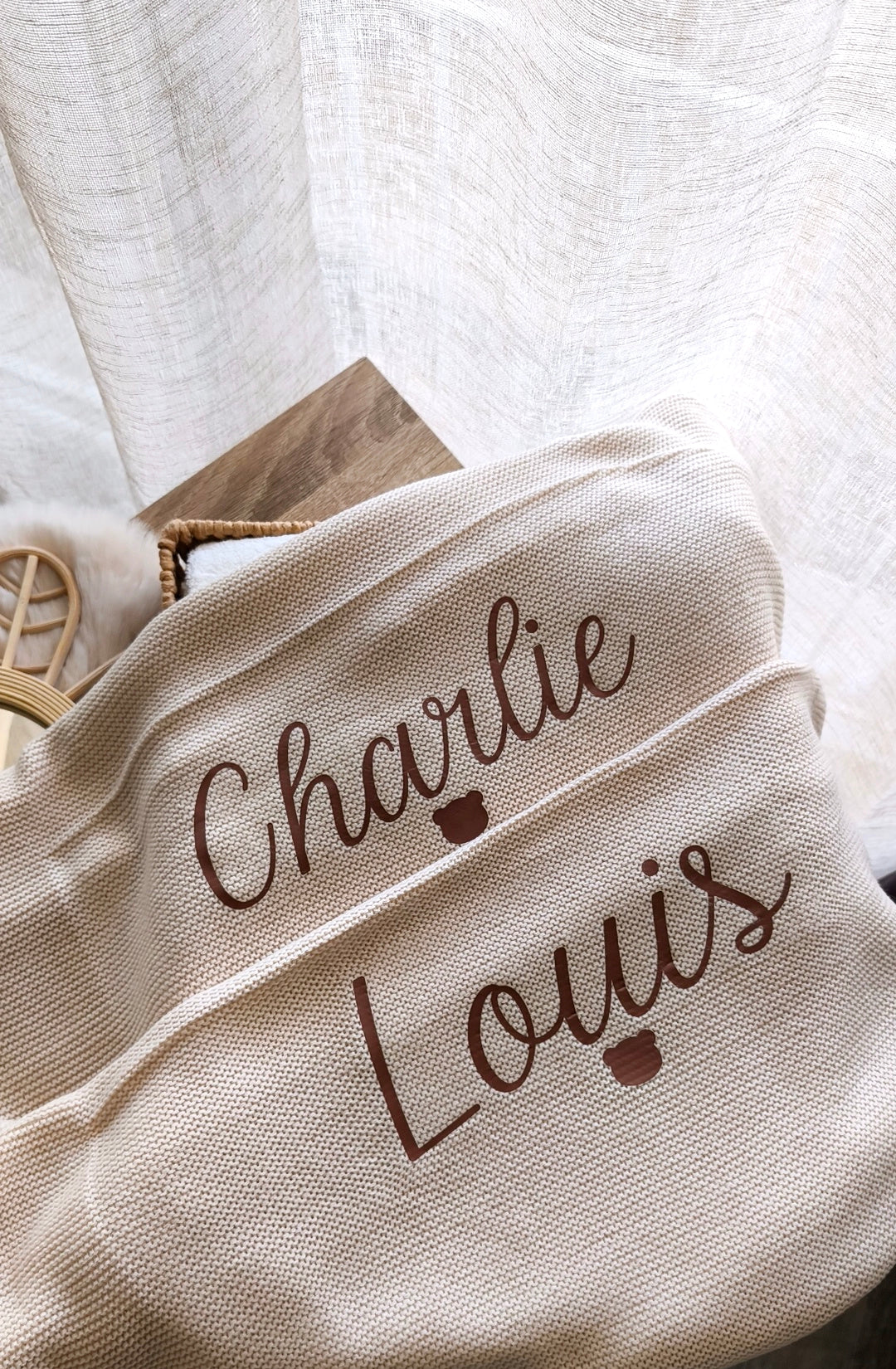Couverture maille - Beige - Prénom au centre