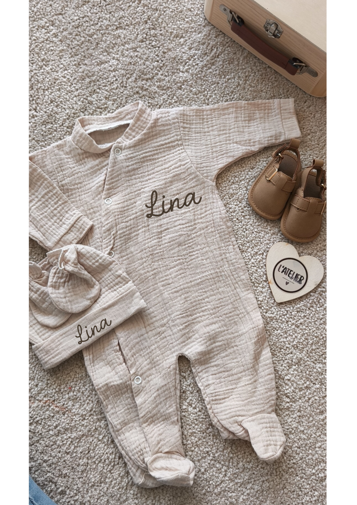 Ensemble en gaze de coton - Beige 3 Pcs