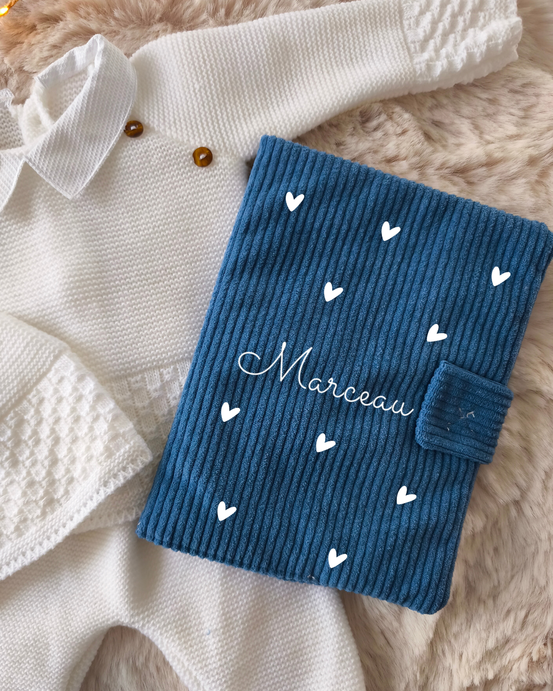 Carnet de santé velours Bleu Foncé - Petit coeur
