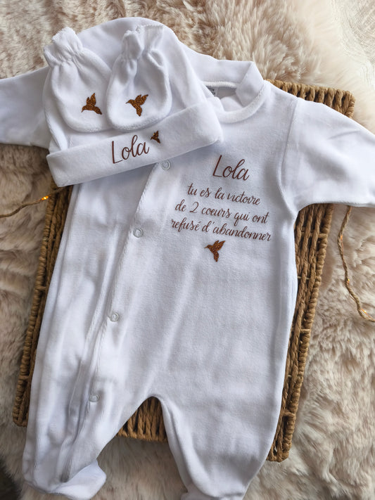 Pyjama en velours naissance - "Tu es la victoire de 2 cĆurs "