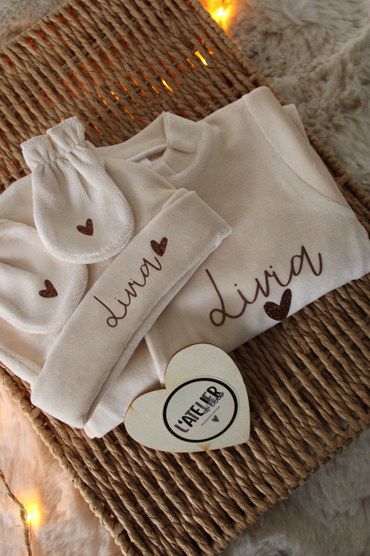 Pyjama velours 3 Pièces - Prénom sur le bonnet - Camel