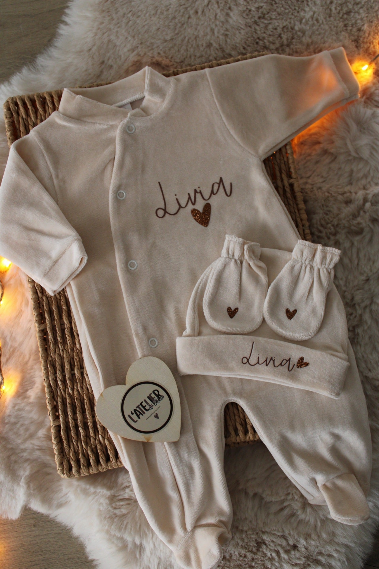 Pyjama velours 3 Pièces - Prénom sur le bonnet - Camel