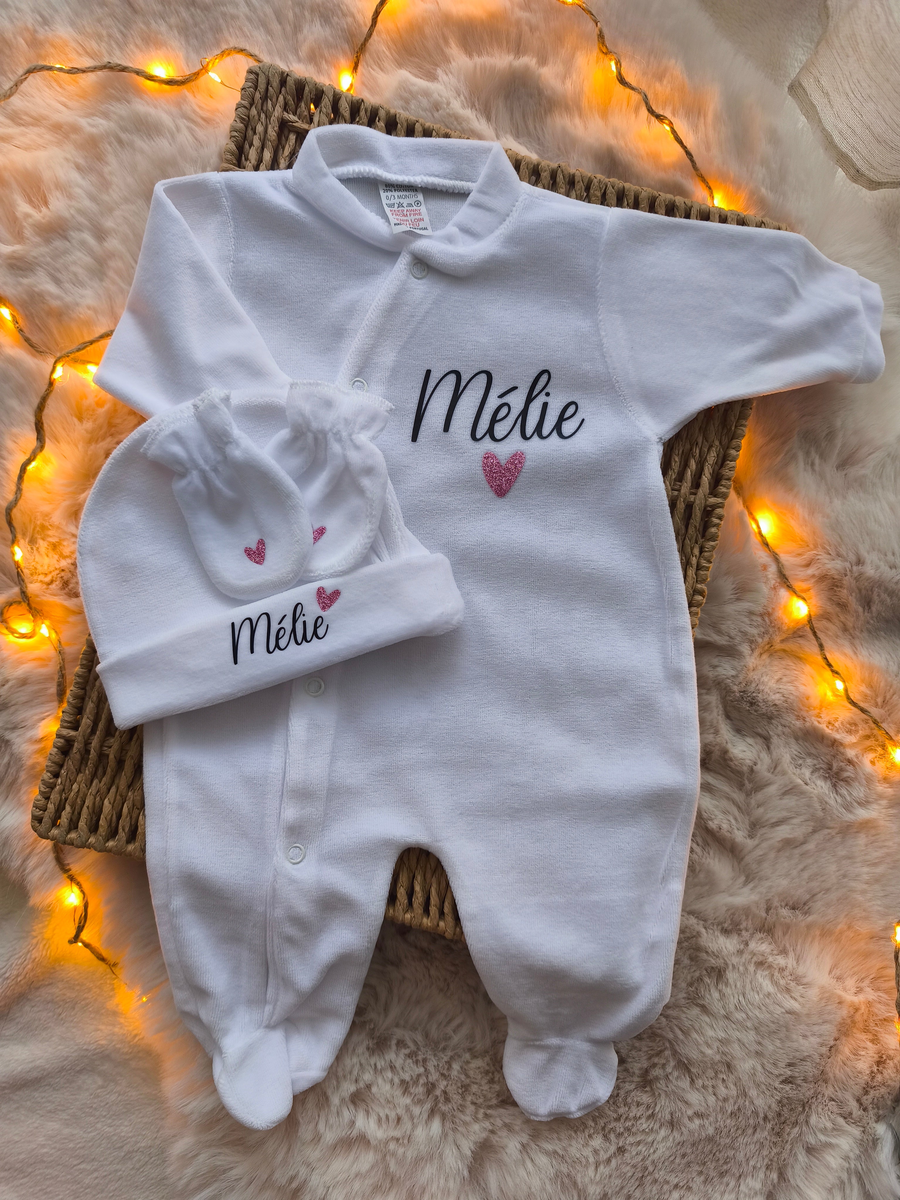 Pyjama velours - 3 Pièces - Prénom sur le bonnet - Blanc