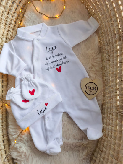 Pyjama en velours naissance -  "Tu es la victoire de 2 cœurs "