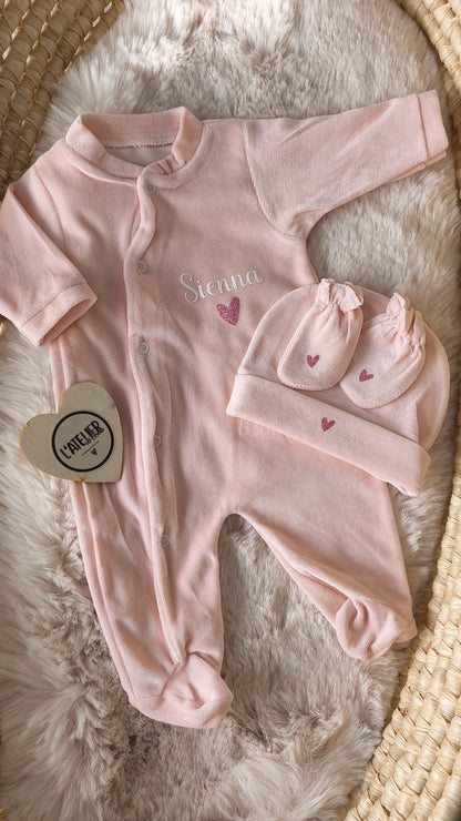 Pyjama en velours - Grand prénom sur pyjama & bonnet