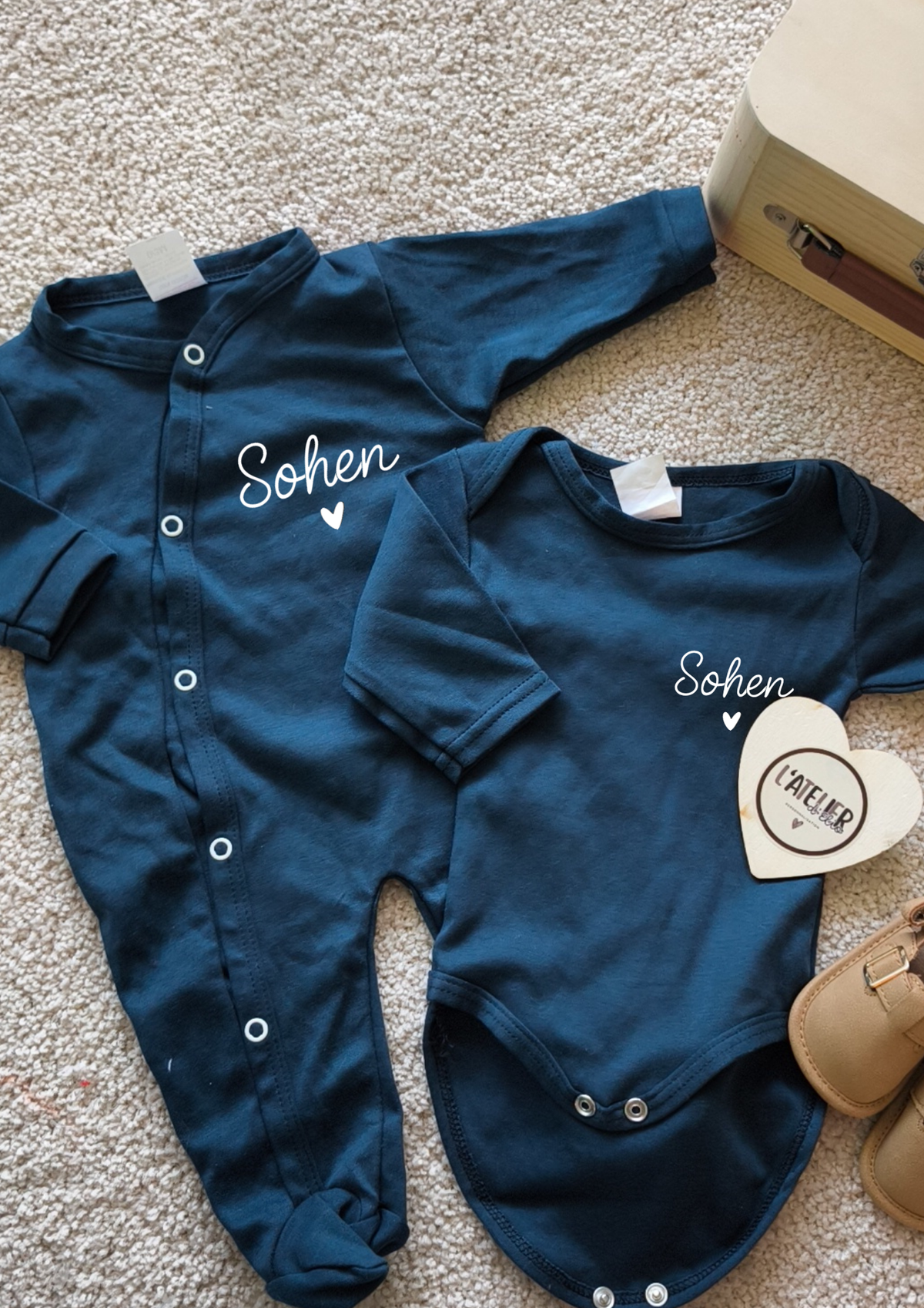 Ensemble pyjama & body bleu nuit personnalisé – 0/3 mois