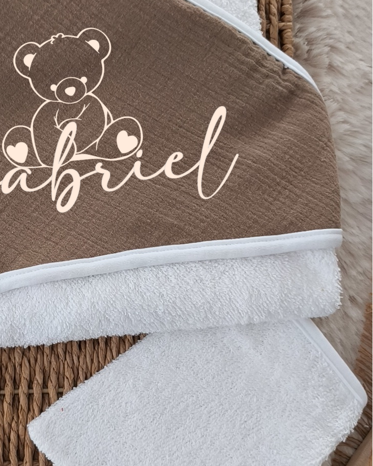 Cape de bain et gant en Gaze de Coton - Thème ourson - Brune