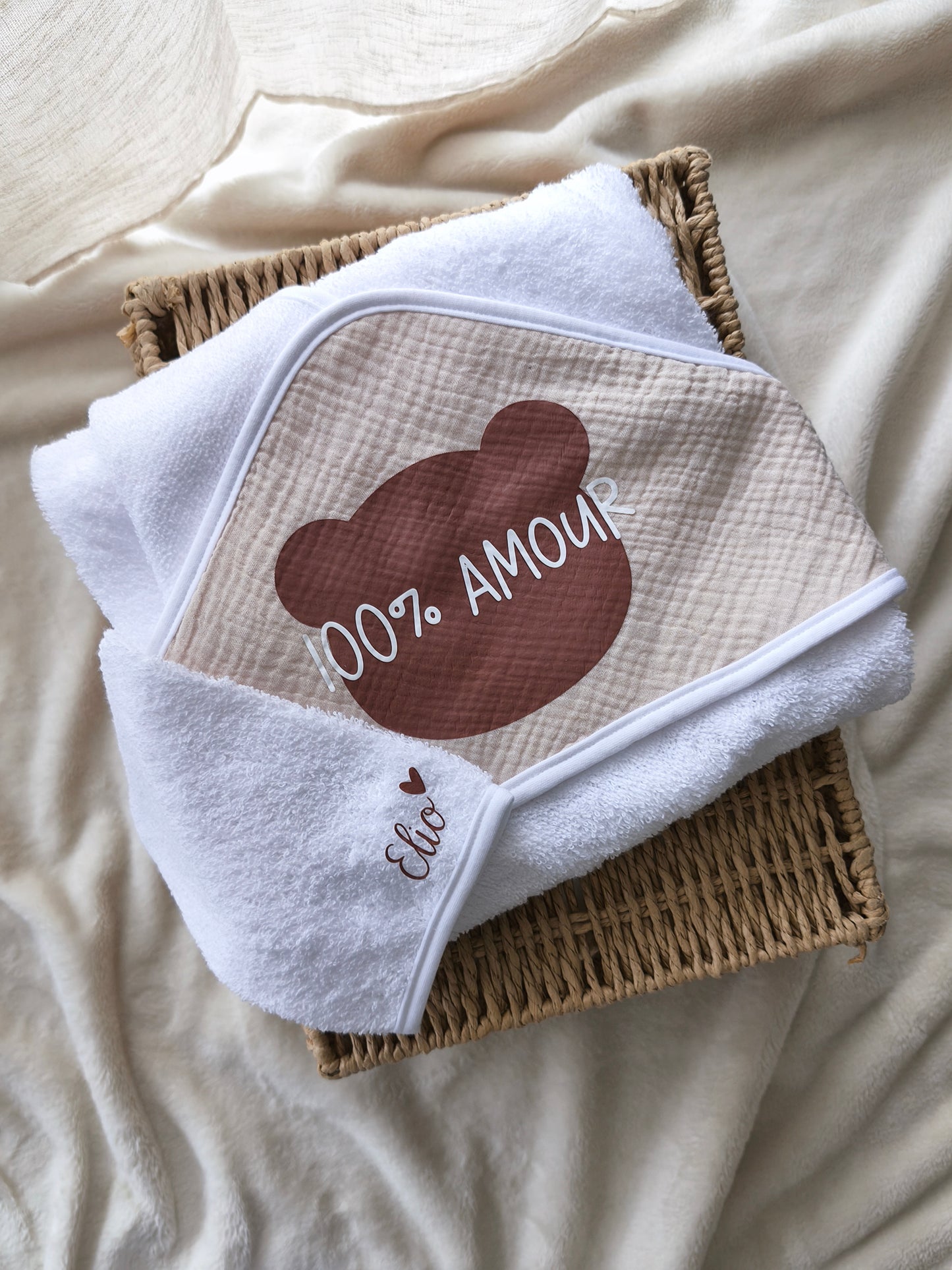 Cape de bain + gant - 100% Amour + Prénom