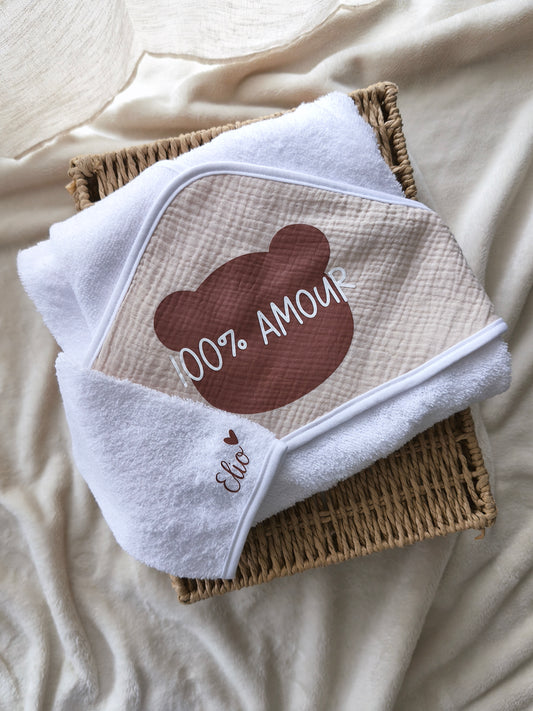 Cape de bain + gant - 100% Amour + Prénom