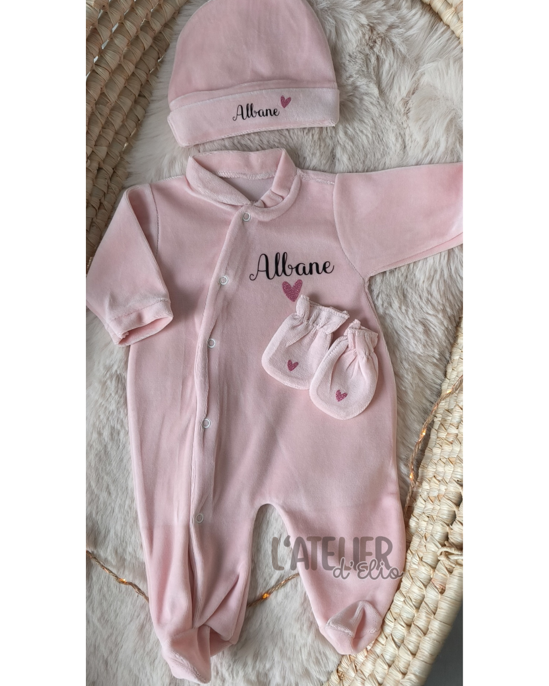Pyjama en velours - Grand prénom sur pyjama & bonnet