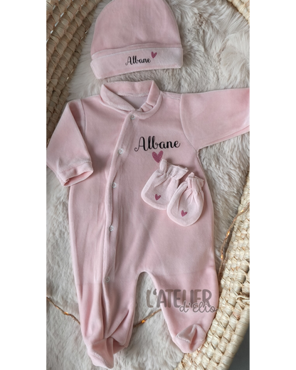 Pyjama en velours - Grand prénom sur pyjama & bonnet