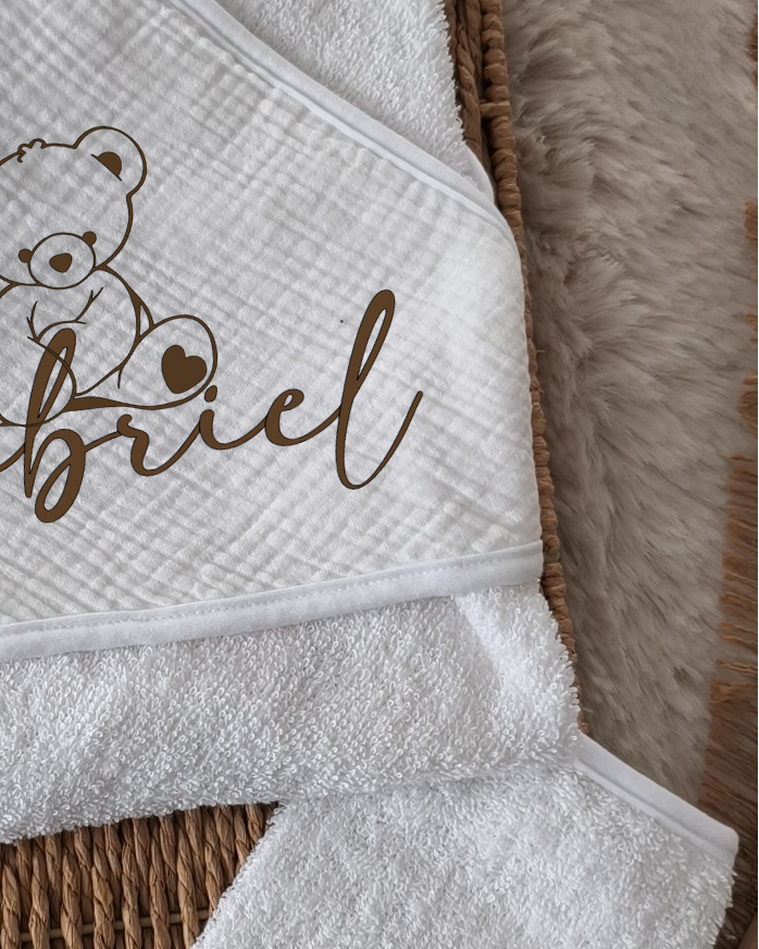 Cape de bain et gant en Gaze de Coton - Thème Ourson - Blanche