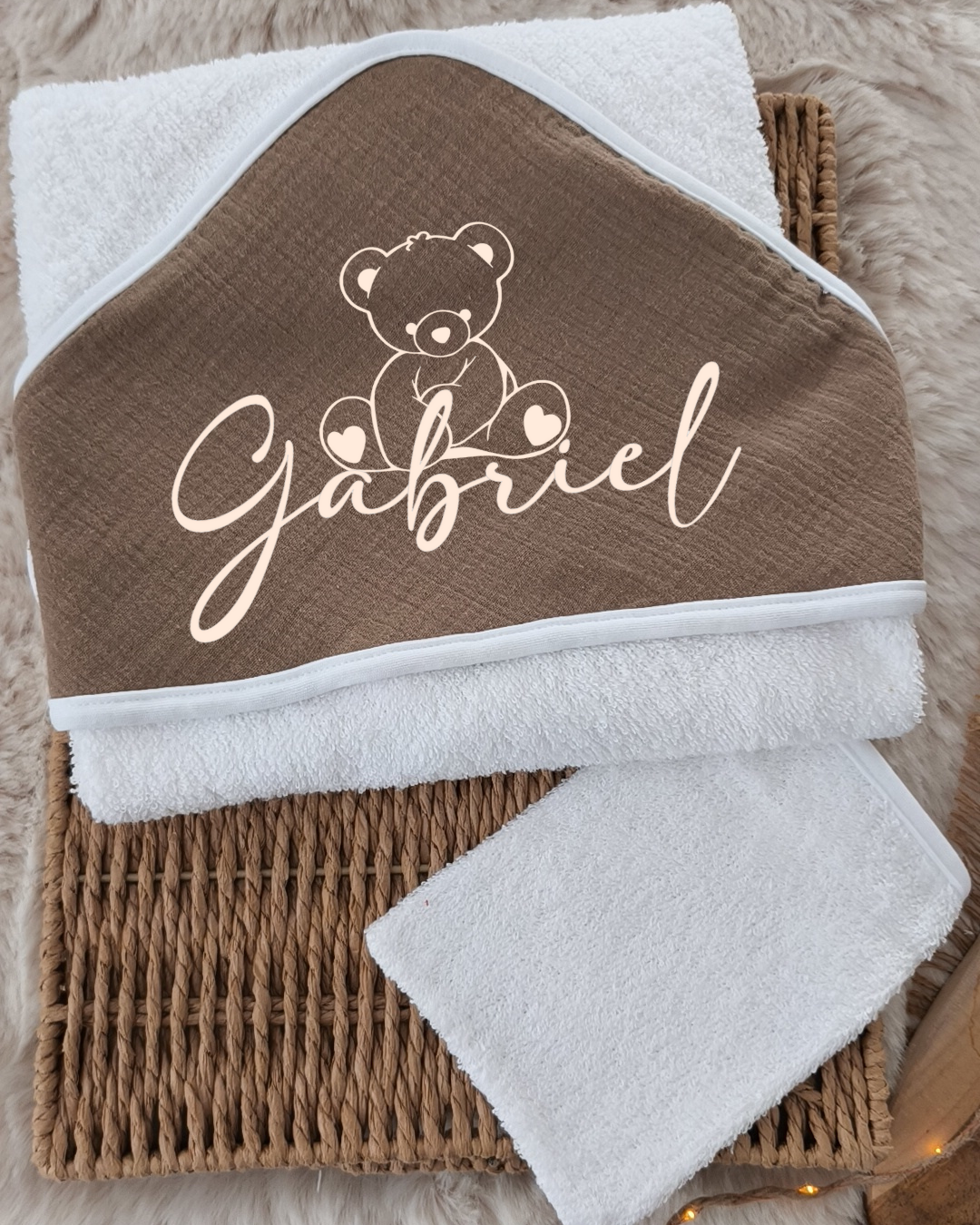 Cape de bain et gant en Gaze de Coton - Thème ourson - Brune