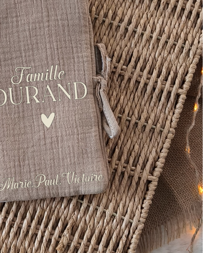 Livret de Famille - Gaze de coton Chocolat- Nom & Prénoms