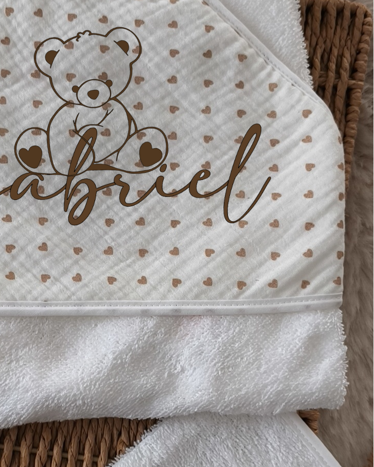 Cape de bain et gant en Gaze de Coton - Thème ourson - Petit cœur Beige