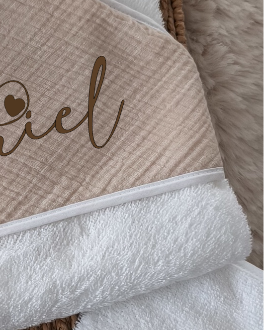 Cape de bain et gant en Gaze de Coton - Thème Ourson - Beige