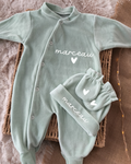 Pyjama velours 3 Pièces - Prénom sur le bonnet - Vert d'eau