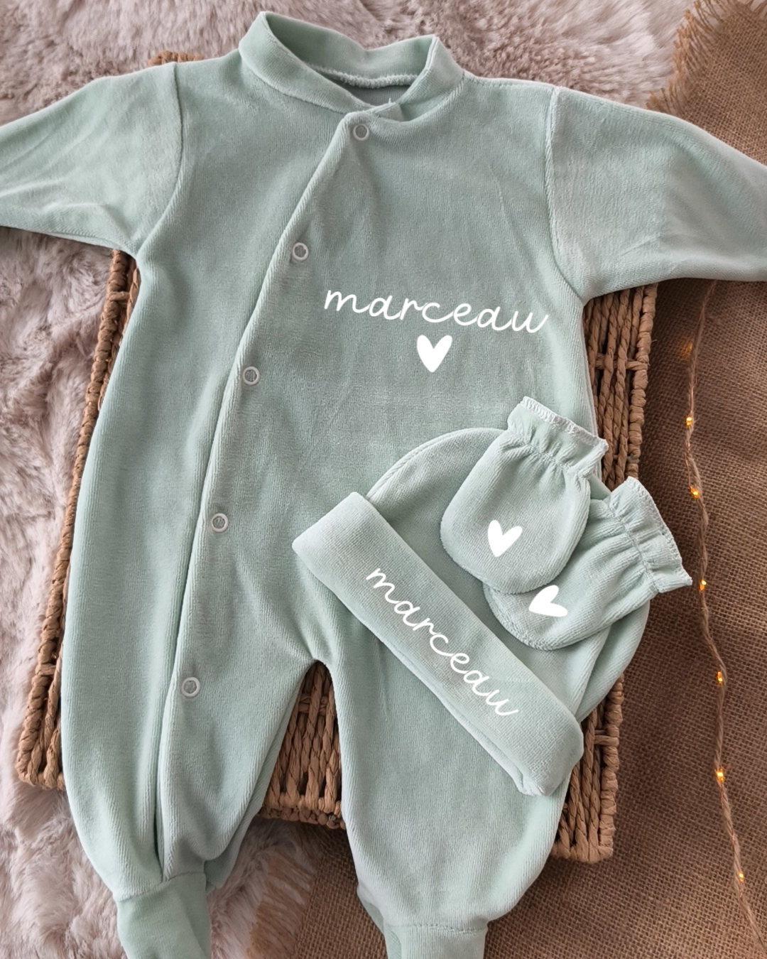 Pyjama velours 3 Pièces - Prénom sur le bonnet - Vert d'eau