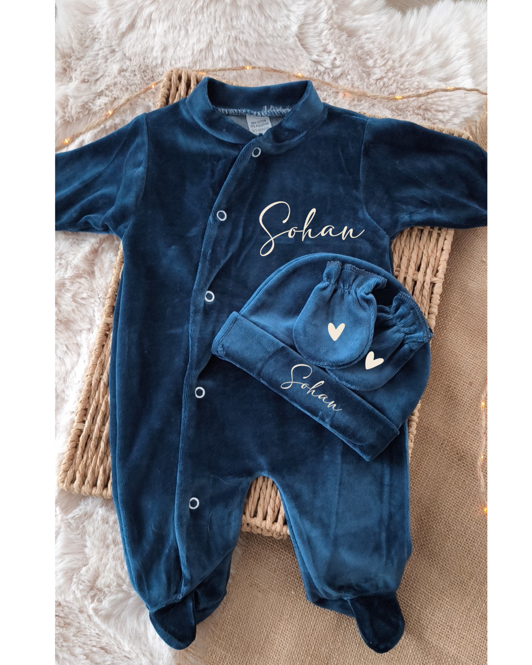 Pyjama velours - 3 Pièces - Prénom sur le bonnet - Bleu nuit