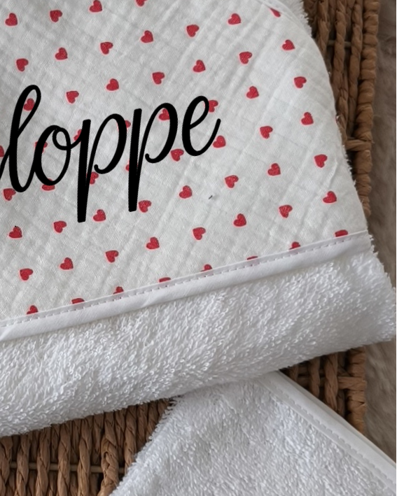 Cape de bain et gant en Gaze de Coton - Petit cœur rouge