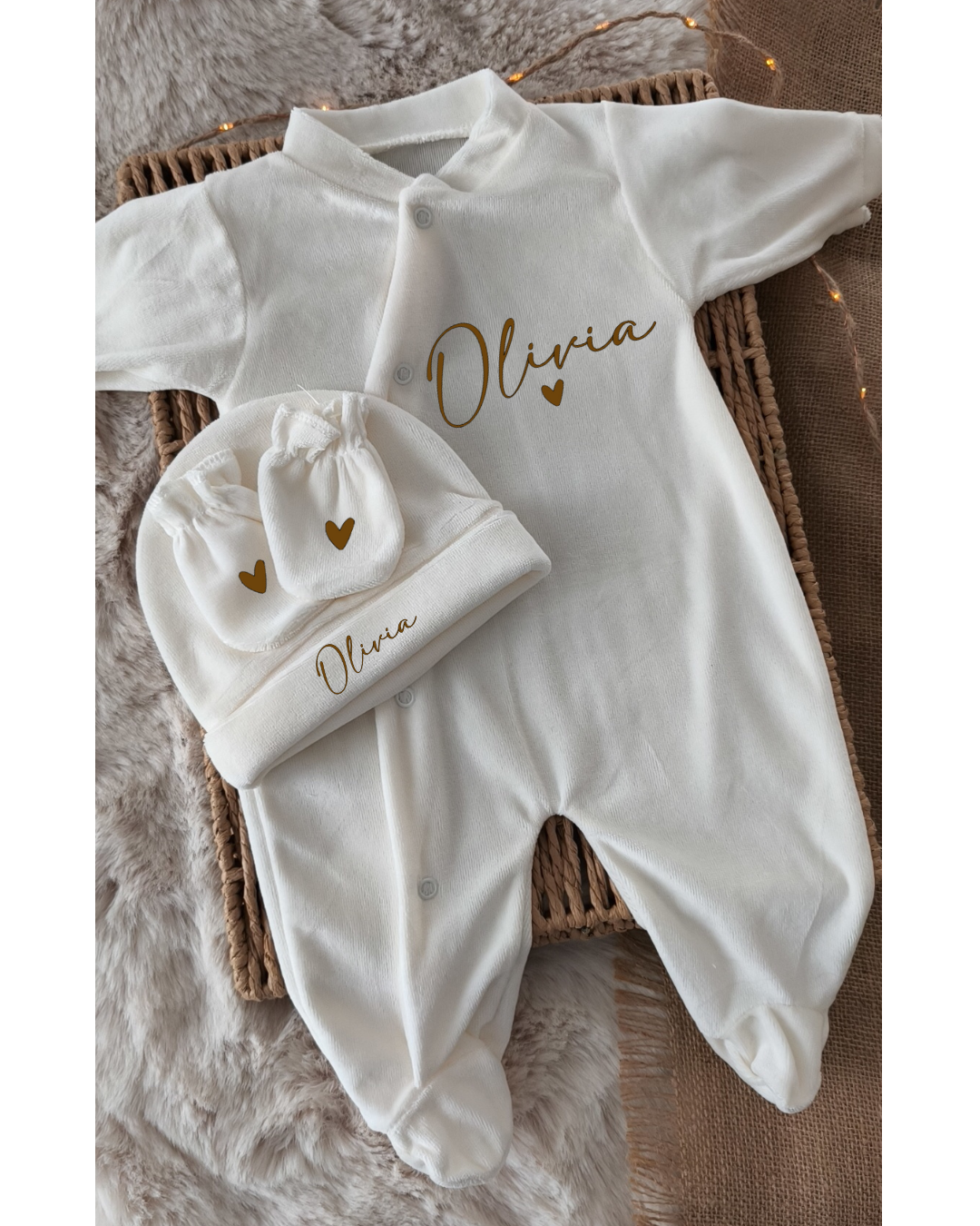 Pyjama velours 3 Pièces - Prénom sur le bonnet - Beige