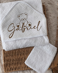 Cape de bain et gant en Gaze de Coton - Thème Ourson - Blanche