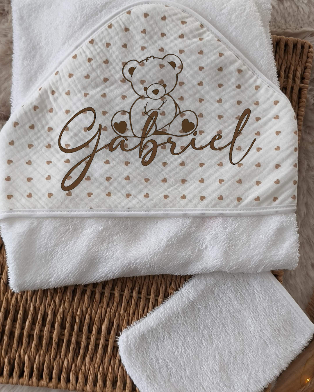 Cape de bain et gant en Gaze de Coton - Thème ourson - Petit cœur Beige