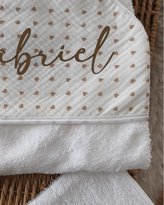 Cape de bain et gant en Gaze de Coton - Petit cœur beige