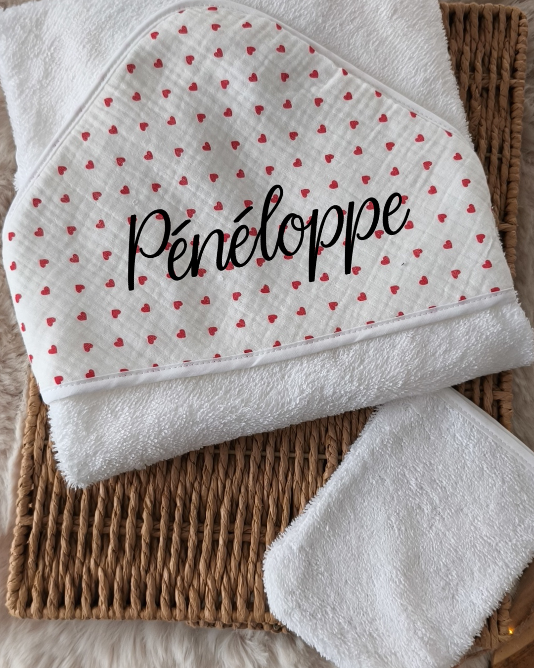 Cape de bain et gant en Gaze de Coton - Petit cœur rouge