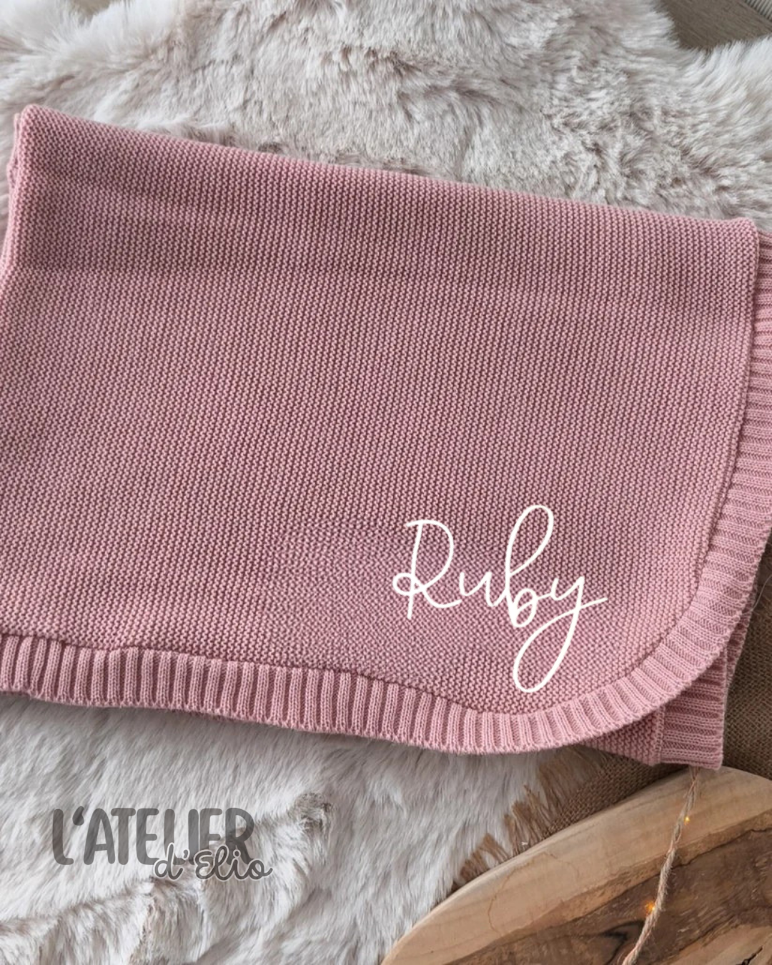 Couverture maille - Or rose - Prénom dans un coin