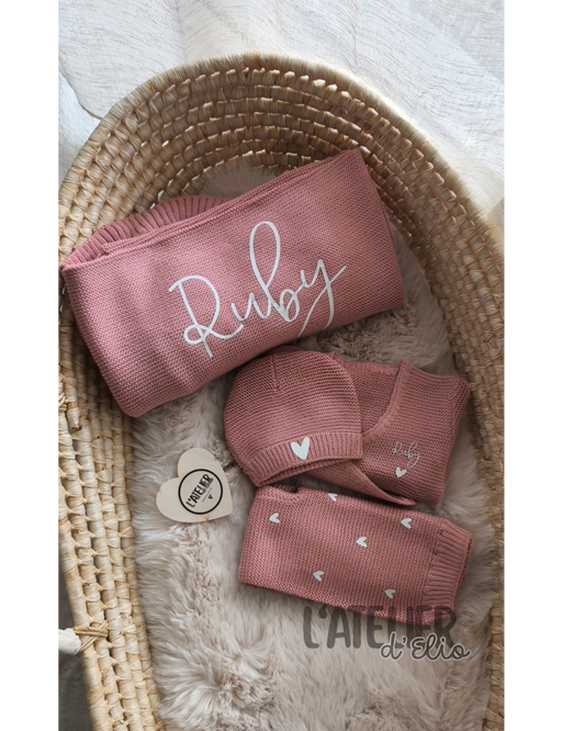 Couverture maille - Or rose - Prénom au centre