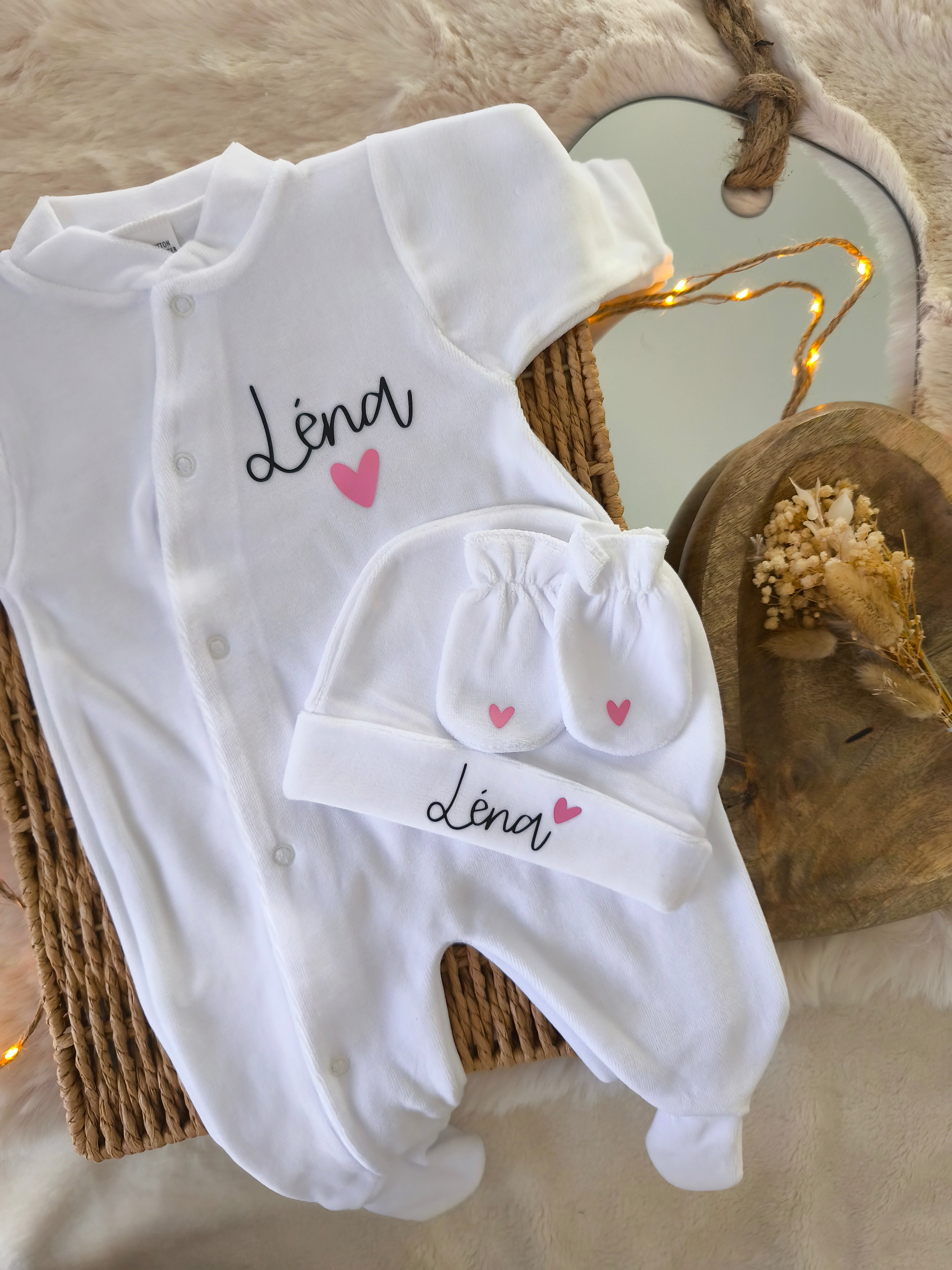 Pyjama velours - 3 Pièces - Prénom sur le bonnet - Blanc