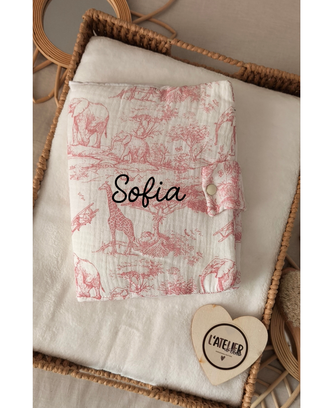 Protège carnet de santé Savane rose - Prénom